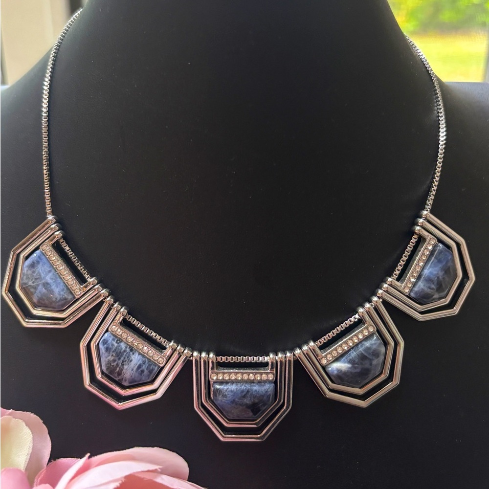 White House Black Market Statement Necklace in Silvertone with Blue Stone Slides